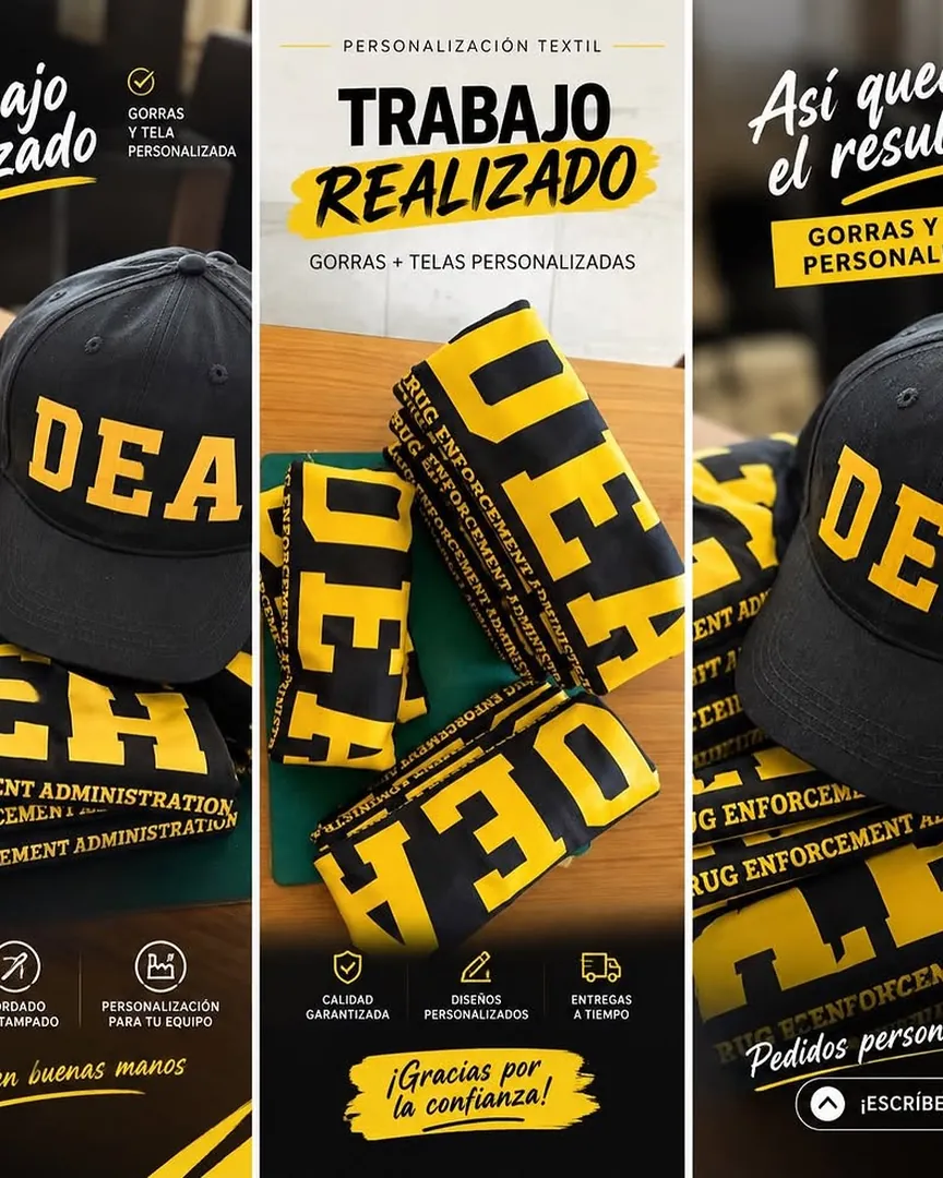 Gorras negras y prendas con letras amarillas personalizadas para un disfraz de grupo.